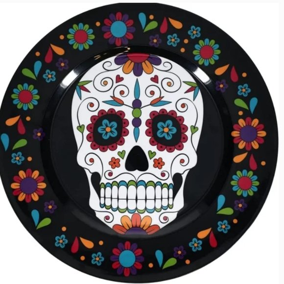 Lot: 3 Day of the Dead Sugar Skull Plates, Bambooozle chip & dip, Pumpkin Tap + - Picture 3 of 13